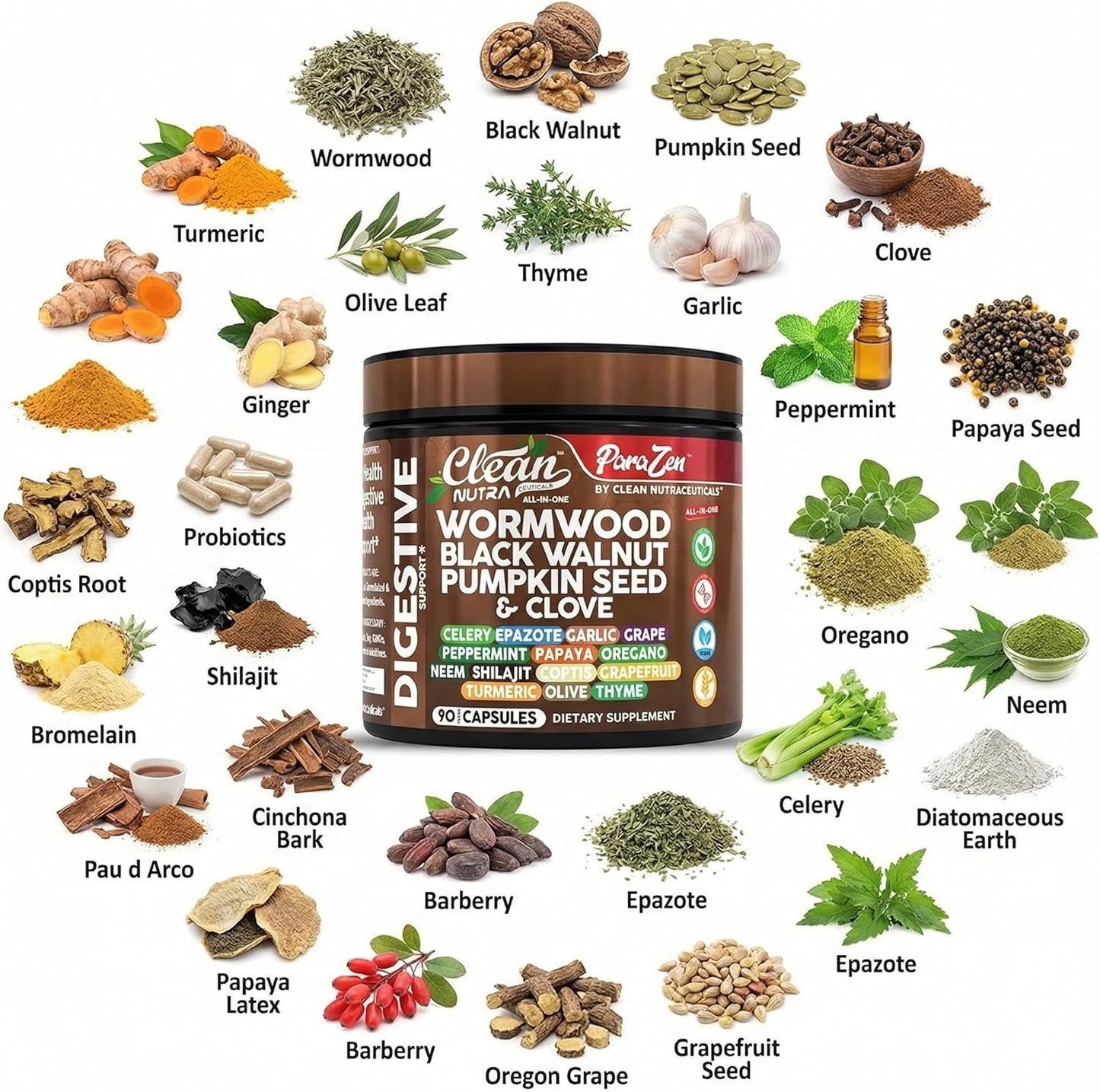 Clean Nutra Wormwood Black Walnut Pumpkin Seed Clove Oil Celery Garlic Grape Papaya Neem Diatomaceous Earth Womens Probiotic Gut Health Cleanse Detox Oregano Olive Turmeric Supplement Vegan Capsules