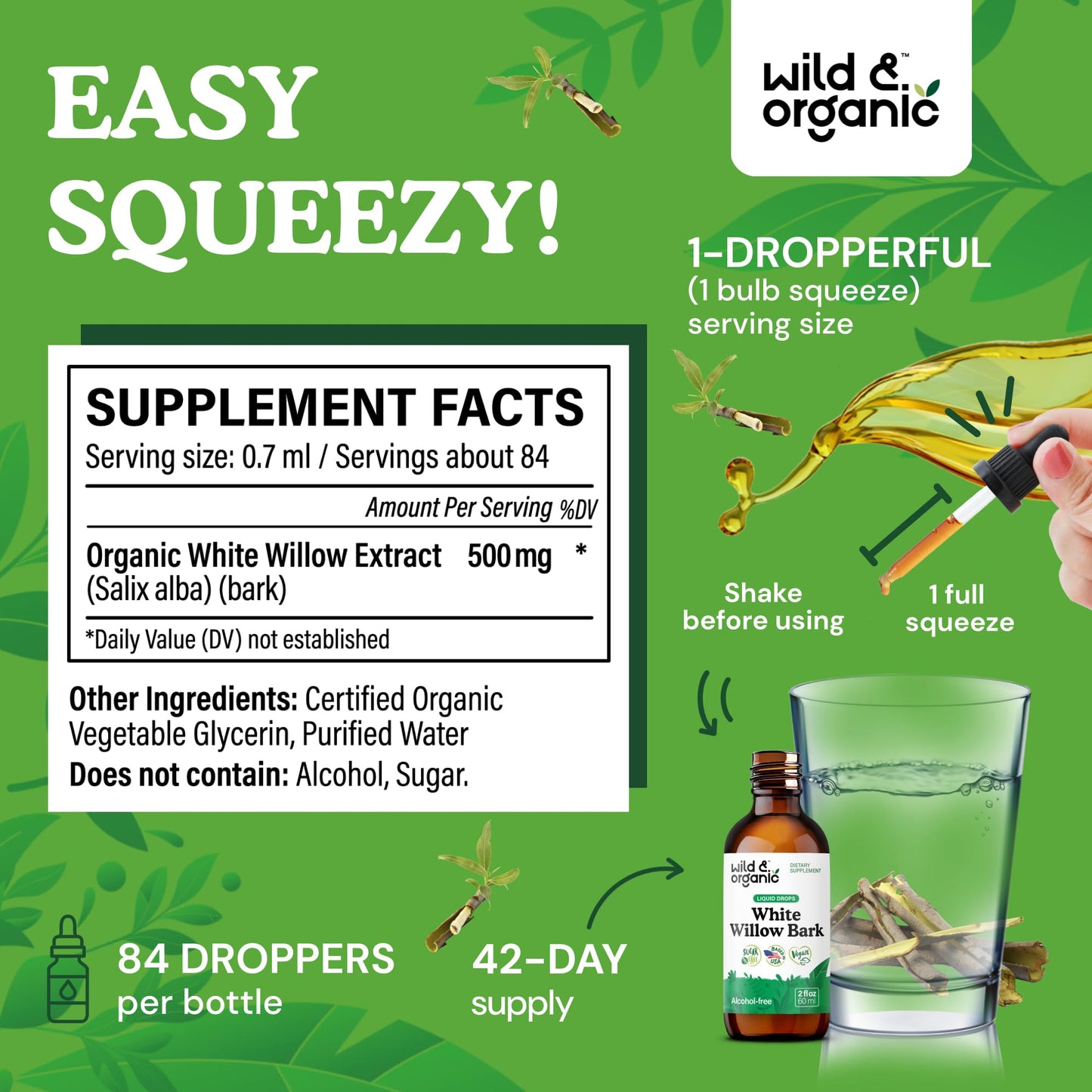 Wild & Organic White Willow Bark Tincture - Liquid Supplement for Overall Support - Alcohol & Sugar-Free White Willow Extract Drops - Salix Alba Bark - Vegan, No Additives - 4 fl oz
