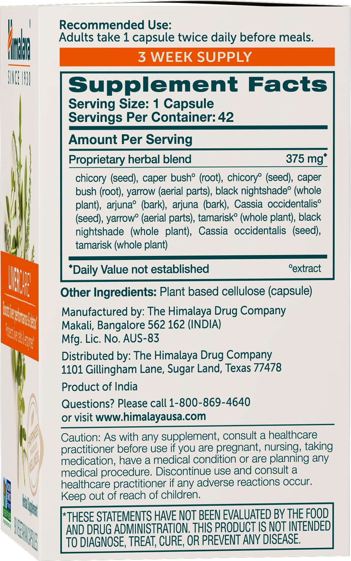 Himalaya LiverCare For Liver Support, 375 mg, 180 Capsules, 90 Day Supply