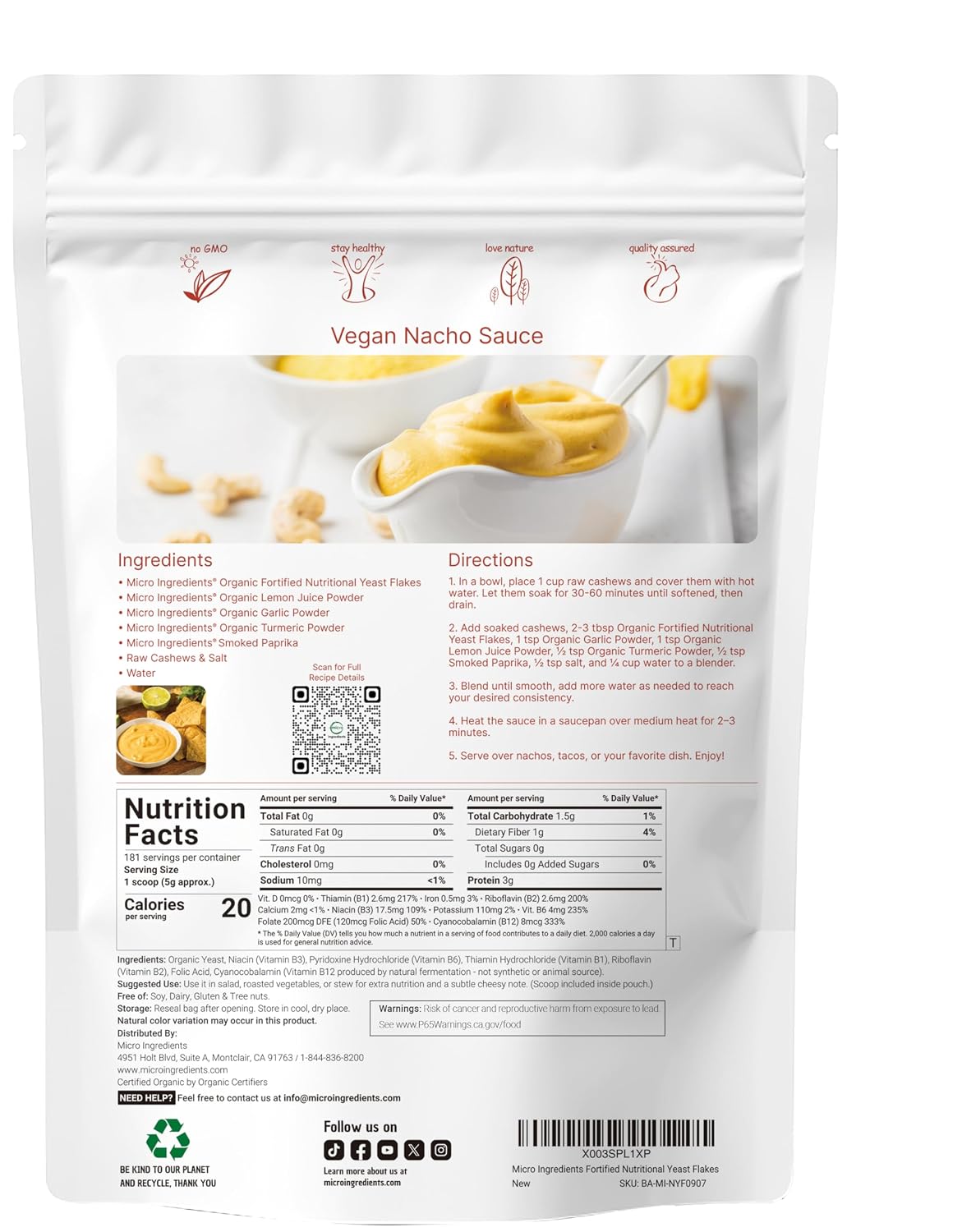 Micro Ingredients Organic Fortified Nutritional Yeast Flakes, 2lb (32oz) | Rich in Vegan Protein, B Vitamins, & Beta-Glucans | Keto Friendly, Dairy Free Cheese Substitute, Non-GMO, Gluten Free