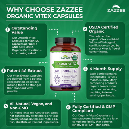 Zazzee USDA Organic Vitex 4:1 Extract, 120 Vegan Capsules, 4 Month Supply, Chaste Berry, Hormonal Balance & Cycle Support for Women, Certified Kosher, Vitex Agnus-Castus, Non-GMO, Made in the USA