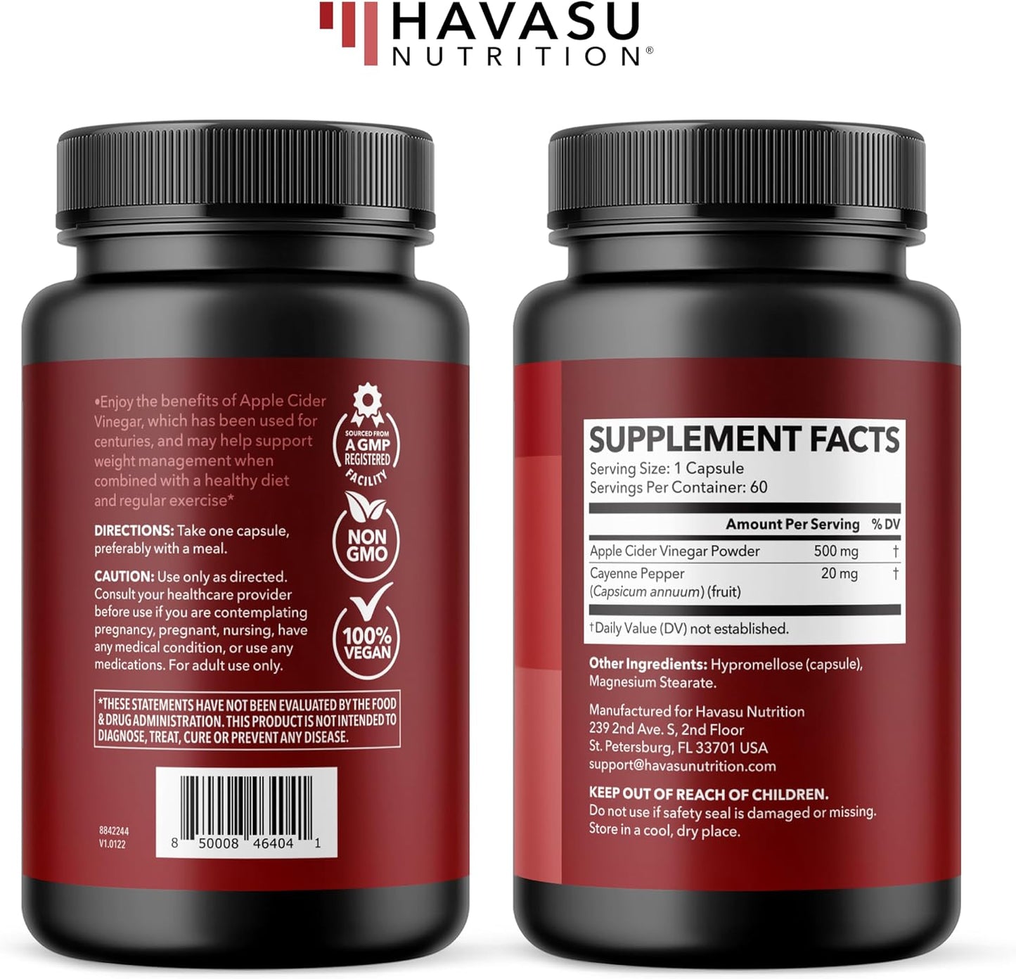 Apple Cider Vinegar Capsules with Cayenne Pepper, 60 Count, 2-Month Supply | 500mg ACV Per Serving for Appetite, Cravings, and Bloating Relief, Vegan, Non-GMO, Easy-to-Take Capsules, 60-Day Supply
