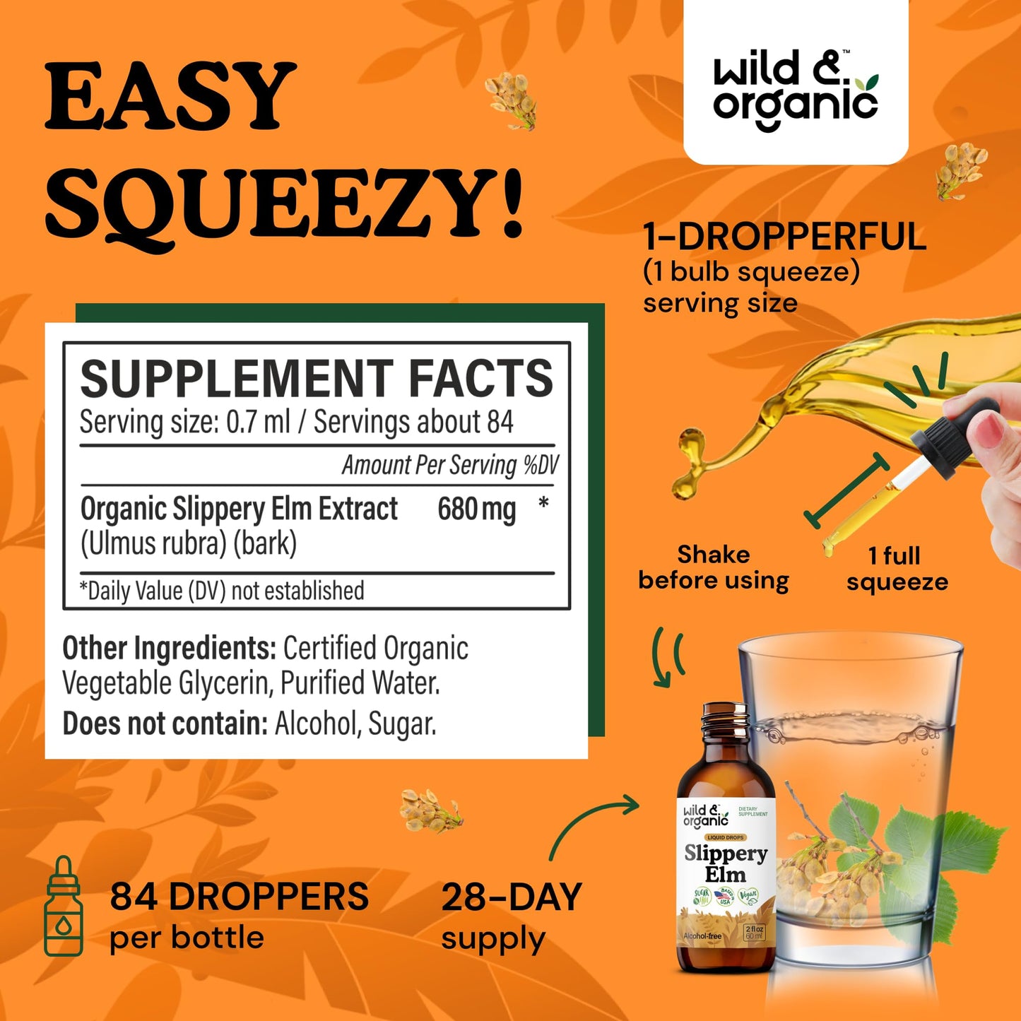 Wild & Organic Slippery Elm Liquid Drops - Lung, Digestive & Women's Support - Slippery Elm Bark Supplement - Add to Tea Tincture - Ulmus Rubra Herb - Vegan, Sugar & Alcohol-Free - 4 fl oz