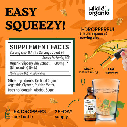 Wild & Organic Slippery Elm Liquid Drops - Lung, Digestive & Women's Support - Slippery Elm Bark Supplement - Add to Tea Tincture - Ulmus Rubra Herb - Vegan, Sugar & Alcohol-Free - 4 fl oz