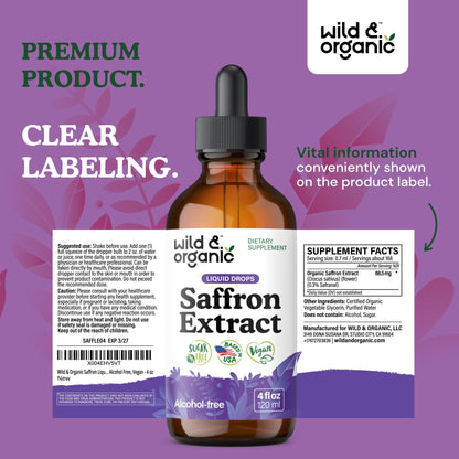 Wild & Organic Saffron Supplements 88.5 mg - Mood, Focus & Eye Support - Saffron Extract Liquid Drops - Add to Tea - 5-Month Supply - Crocus Sativus Herb - Vegan, Sugar & Alcohol-Free Tincture - 4 oz