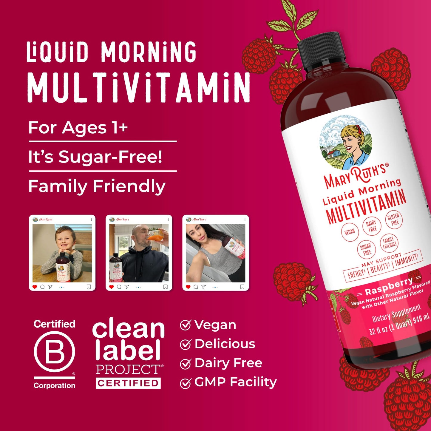 MARYRUTH'S Liquid Morning Multivitamin for Women, Men & Kids | Vitamin A C D E B6 B12 Biotin Zinc | Beauty | Vegan | Non-GMO | Gluten Free | 32 Servings