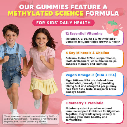 Kids Methylated Multivitamin Gummies with Omega 3, 16 Vitamins, Sugar Free | Multivitamin for Kids & Teens 4+ w/L Methylfolate & B12, Calcium, Probiotics, Elderberry, for Healthy Growth, Immune Support