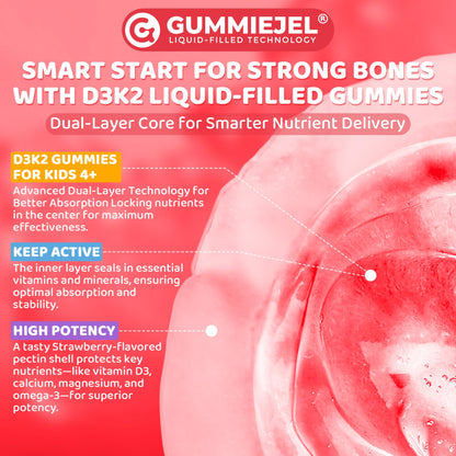Vitamin D3 K2 + Calcium Liquid-filled Gummies for Kids & Teens, 1000IU / 2000IU D3 with Magnesium, Algal Omega 3, Kids Vitamins for Bones & Teeth, Calcium Absorption, Brain, Immune, Sugar-Free, 60Cts