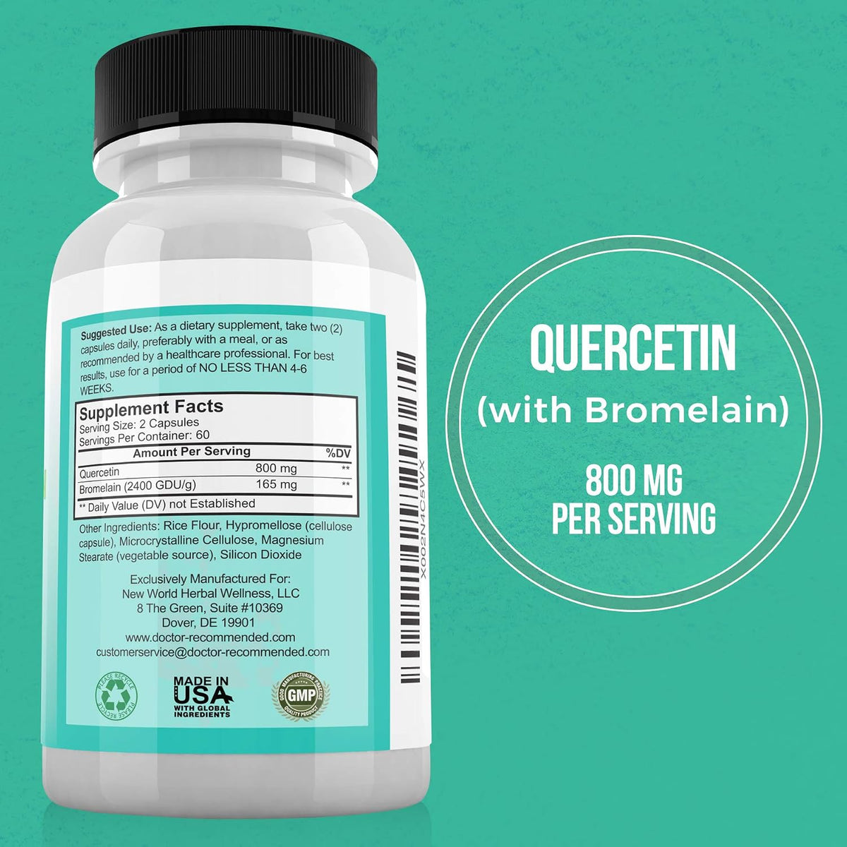 DOCTOR RECOMMENDED SUPPLEMENTS Quercetin 800mg w/Bromelain 165mg Per Serving- 120 Veggie Capsules-Full 60 Day Supply, Vitamin Supplement to Support & Bioflavonoids, Gluten Free, Non-GMO