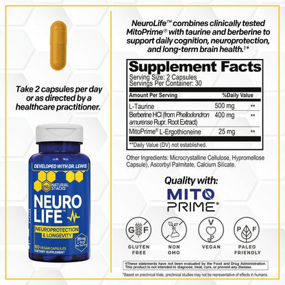 NeuroLife Longevity Supplement With Taurine And Berberine, 60 Capsules | 500mg taurine, 400mg berberine and MitoPrime L-Ergothioneine support cellular health and cognitive vitality.