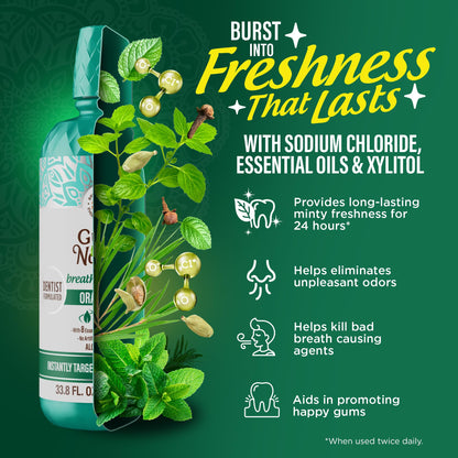 GuruNanda Fresh Breath Mouthwash – 12-Hour Fresh Breath & Helps Fight Bad Breath – ADA Accepted, Alcohol & Fluoride-Free Oral Rinse, Wild Mint - 16 oz, Pack of 2