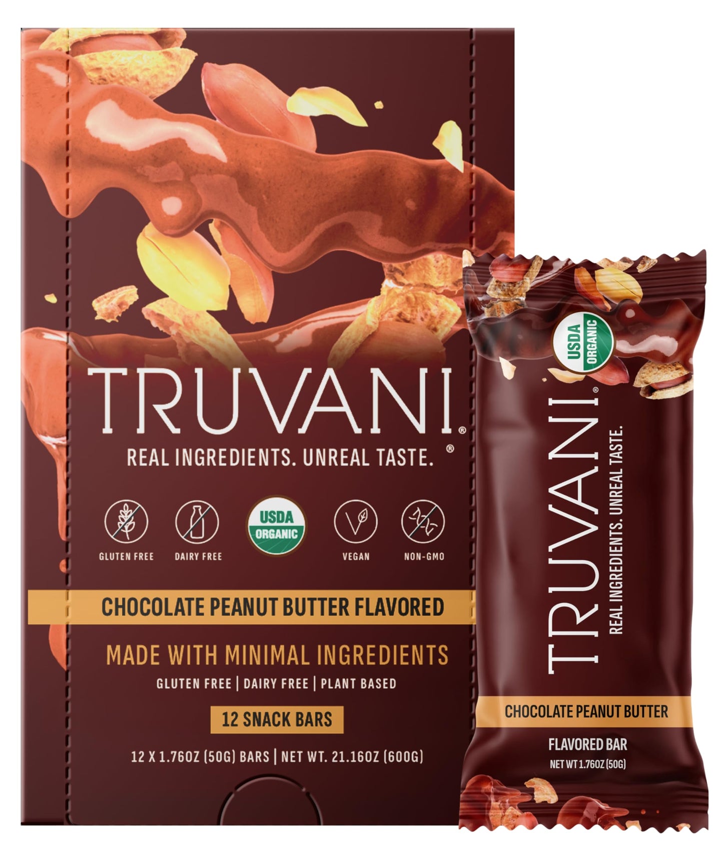 Truvani Plant Based Snack Bars | Variety | 12 Pack | Vegan | 5-8g Protein | USDA Organic and Vegan | Dairy, Soy, and Gluten Free | Individually Wrapped