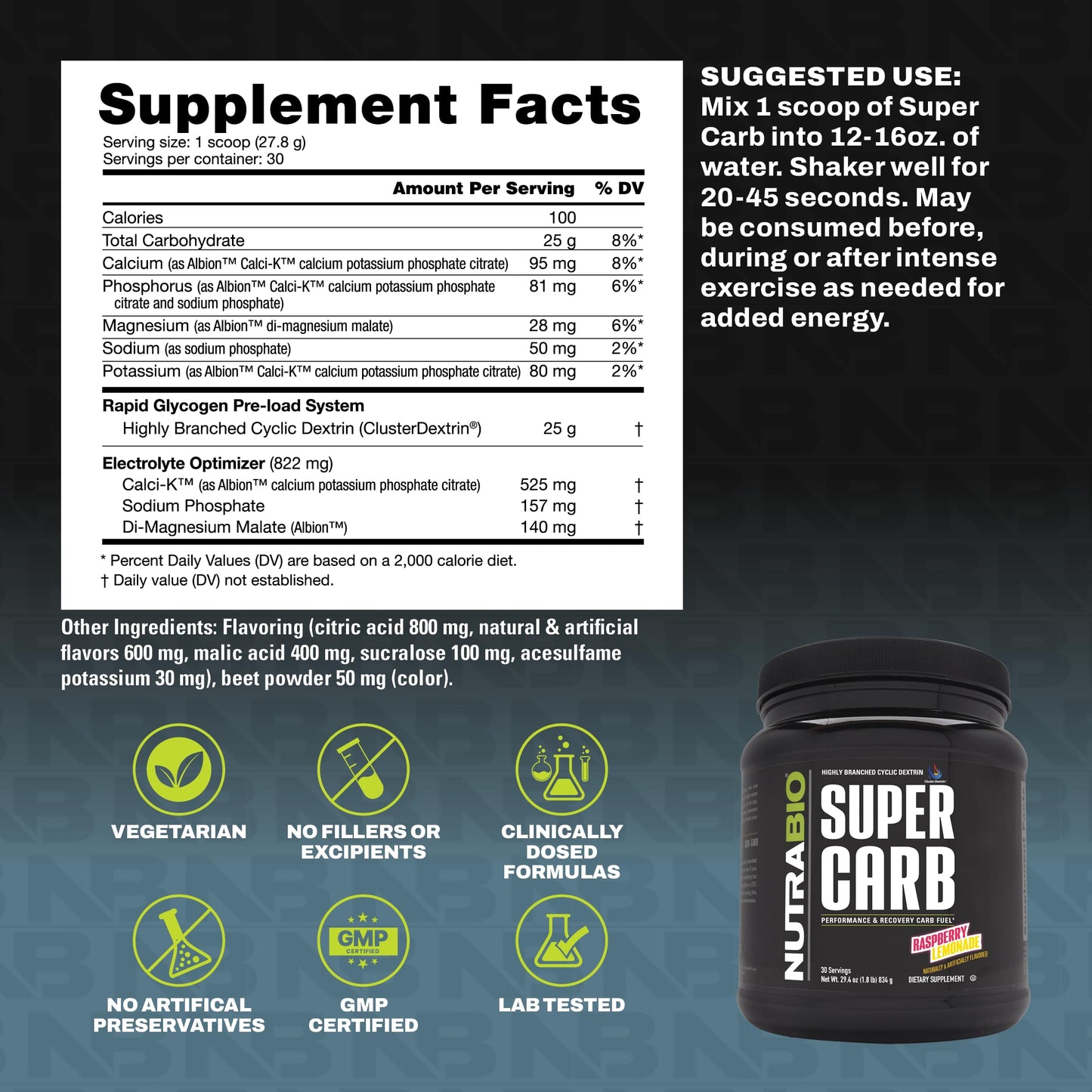 NutraBio Super Carb, Carbohydrate Powder with Cluster Dextrin & Electrolytes, Advanced Carb Supplement Powder for Workout Fuel, Performance, and Muscle Recovery, Cyclic Dextrin, Unflavored, 30 Sv
