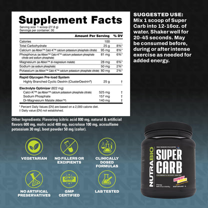 NutraBio Super Carb, Carbohydrate Powder with Cluster Dextrin & Electrolytes, Advanced Carb Supplement Powder for Workout Fuel, Performance, and Muscle Recovery, Cyclic Dextrin, Unflavored, 30 Sv