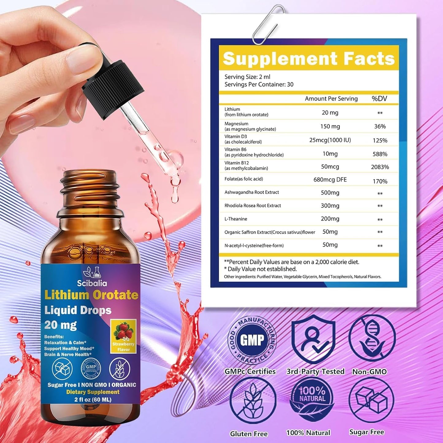 2 Pack Lithium Orotate Liquid Drops 20mg, Potency 11-in-1 Lithium Supplement w. NAC Magnesium Ashwagandha Theanine Vitamin D3 B6 B12 for Memory Brain Mood Cognitive Support
