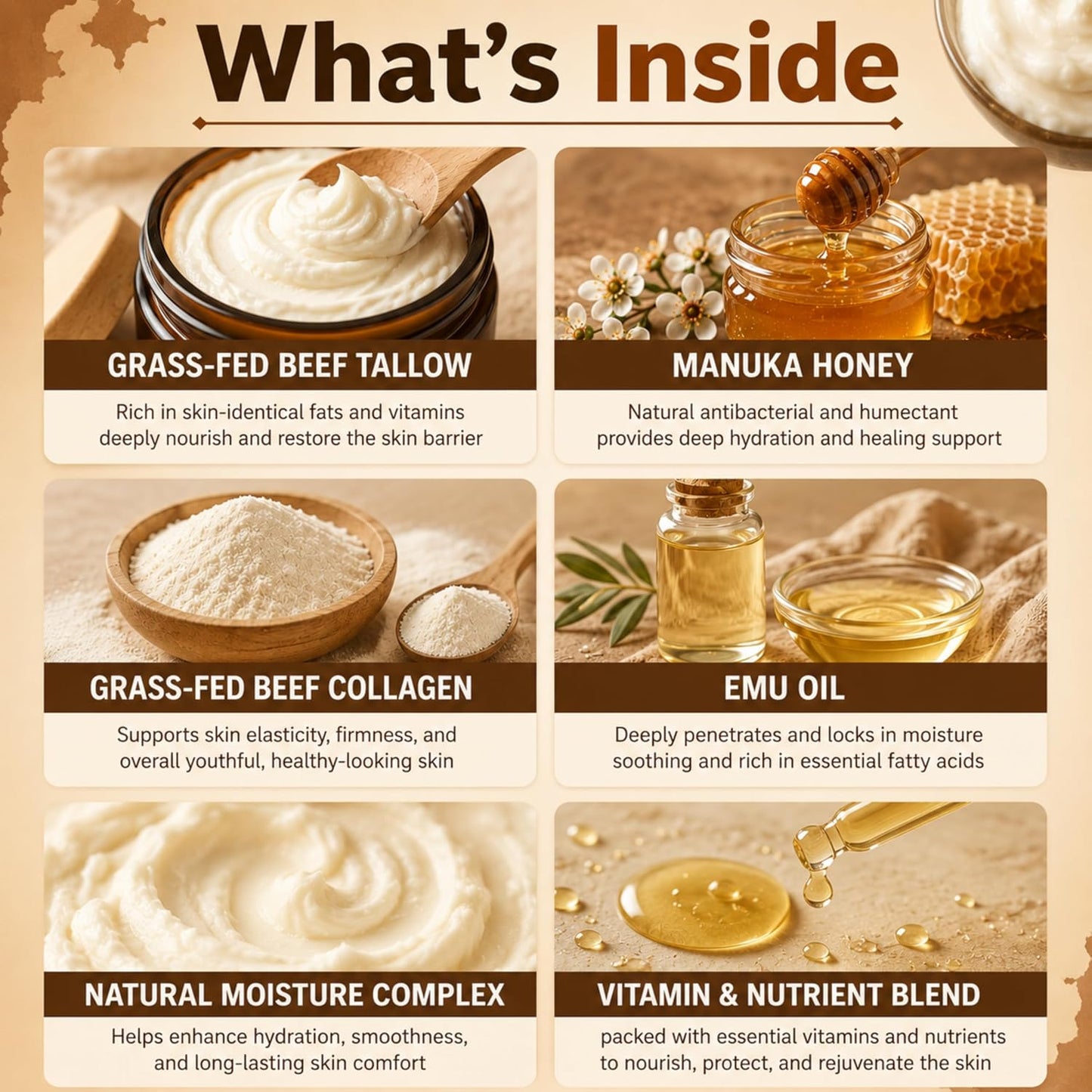 Beef Tallow Cream for Face and Body, Grass Fed Tallow Moisturizer with Manuka Honey, Collagen and Emu Oil, Unscented Handmade Skin Cream for Dry Skin, 2 fl oz