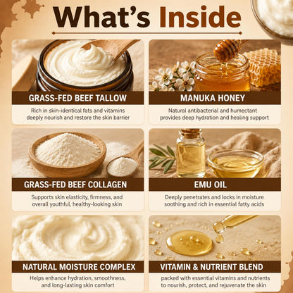 Beef Tallow Cream for Face and Body, Grass Fed Tallow Moisturizer with Manuka Honey, Collagen and Emu Oil, Unscented Handmade Skin Cream for Dry Skin, 2 fl oz
