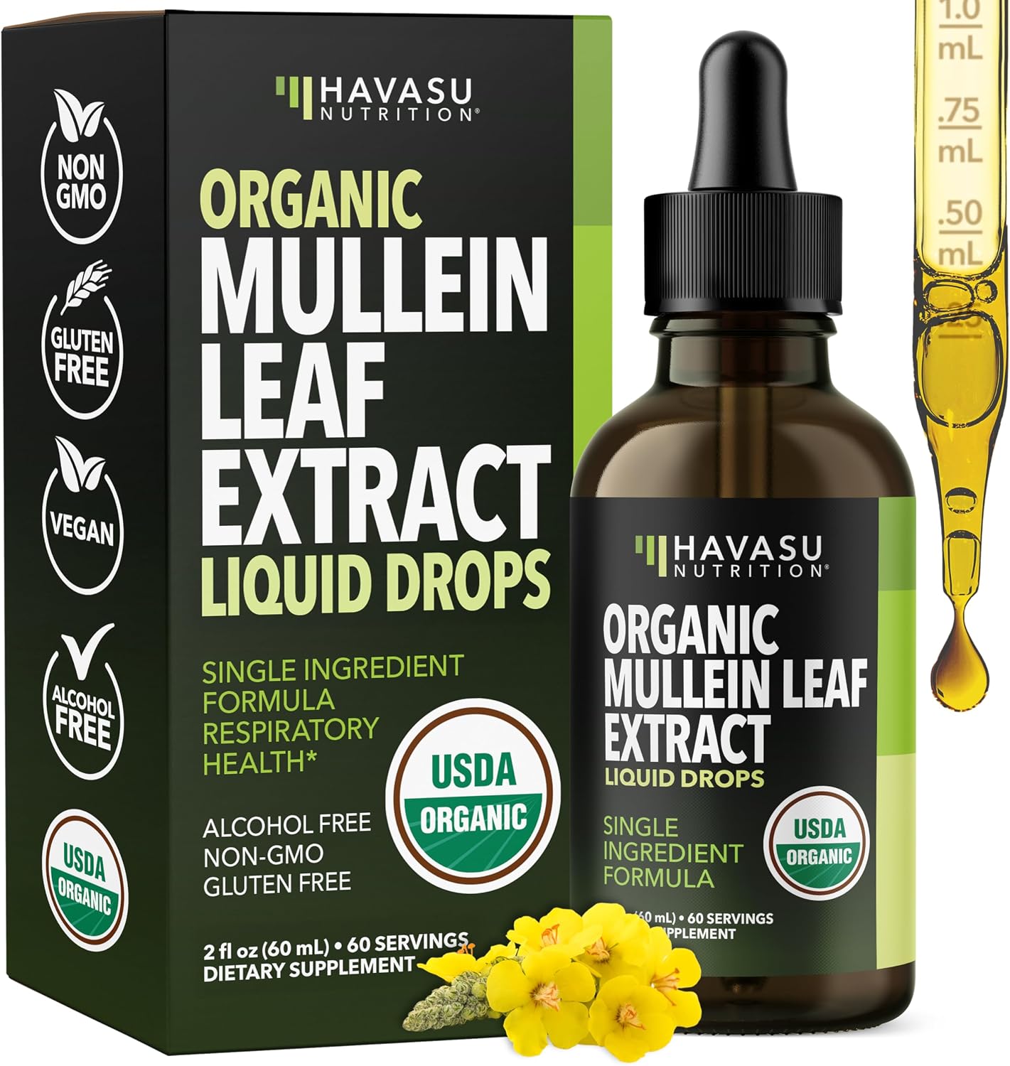 Mullein Drops for Lungs, USDA Organic Mullein Leaf Extract, 2 Fl Oz | Respiratory Health and Lung Support Supplement, 2 Fl Oz, Vegan, Non-GMO, and Alcohol Free, Herbal Tincture, 60 Servings