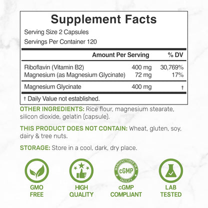 DEAL SUPPLEMENT Vitamin B2 400mg (Riboflavin) | with Magnesium Glycinate 400mg, 240 Capsules – 2 in 1 Support Healthy Nervous System, Mood, Blood & Energy Production, Non-GMO