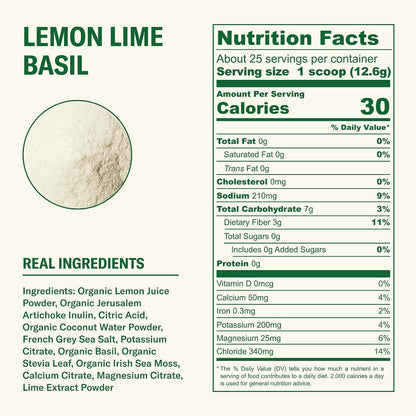 Ballerina Farm Farmer Hydrate Lemon Lime Basil Electrolytes Powder | Organic Coconut Water, Irish Sea Moss, French Sea Salt, No Added Sugar, Prebiotic Fiber, 25 Servings