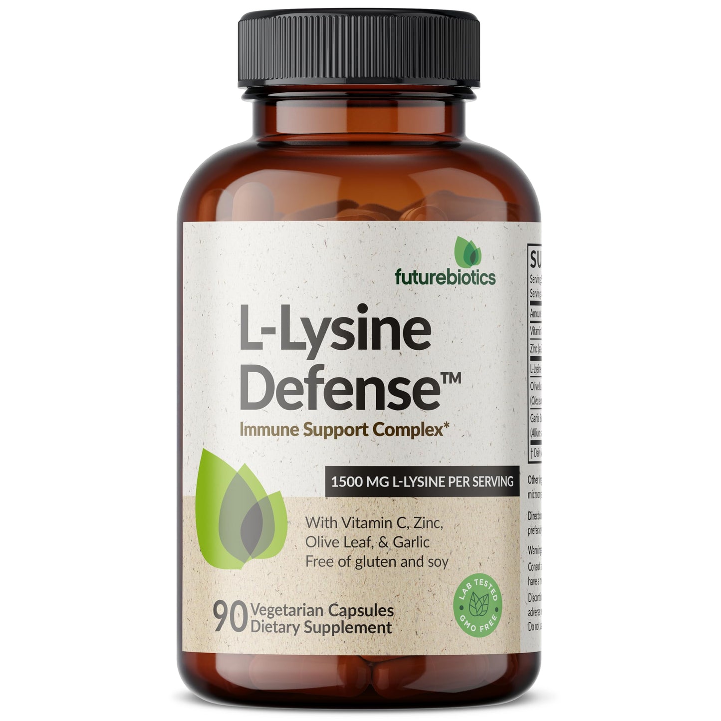 Futurebiotics L-Lysine Defense Immune Support Complex 1500 MG Per Serving with Vitamin C, Zinc, Olive Leaf & Garlic - Non-GMO, 90 Vegetarian Capsules