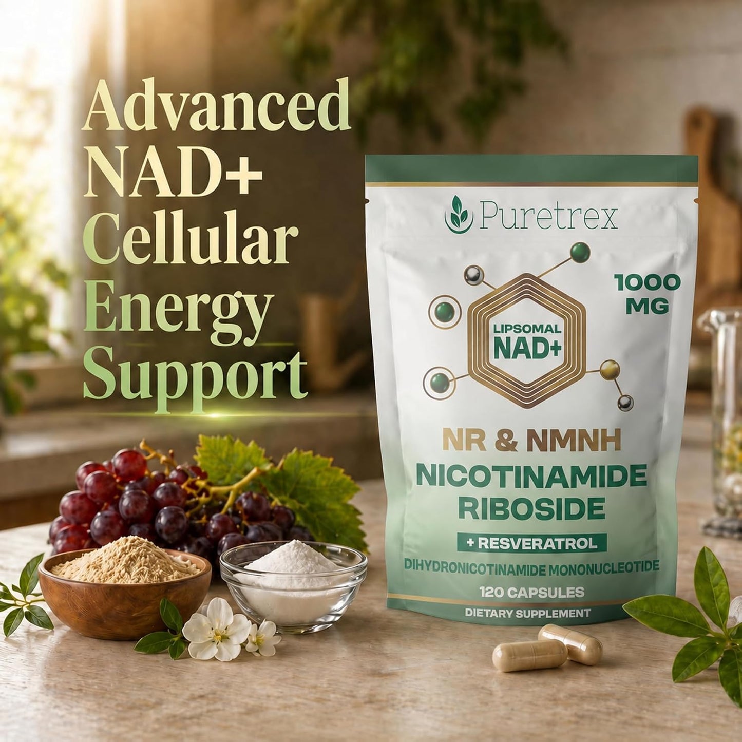 Liposomal NAD+ Supplement 1000mg NR & NMNH with Trans-Resveratrol, Quercetin Phytosome, CoQ10 Ubiquinol, Fisetin, Pterostilbene, R-ALA, TMG, BioPerine, Astaxanthin, 120 Vegan Capsules
