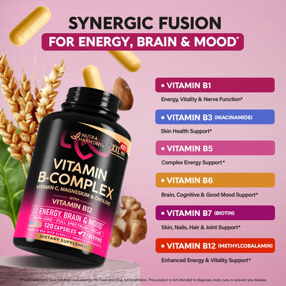 Vitamin B Complex for Men & Women - Made in USA - 11-in-1 B-Complex: B1, B2, B3, B5, B6, B7, B8, B9, B12 with Vitamin C, Choline, Inositol - Energy, Brain & Heart Support Supplement, 60 Vegan Capsules