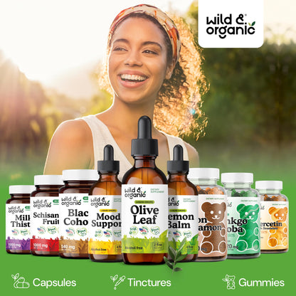 Wild & Organic Olive Leaf Extract Liquid Drops - Immune & Antioxidant Support - Oleuropein Supplement - Add to Tea Olive Leaf Tincture - Vegan, Sugar & Alcohol Free - 4 fl oz