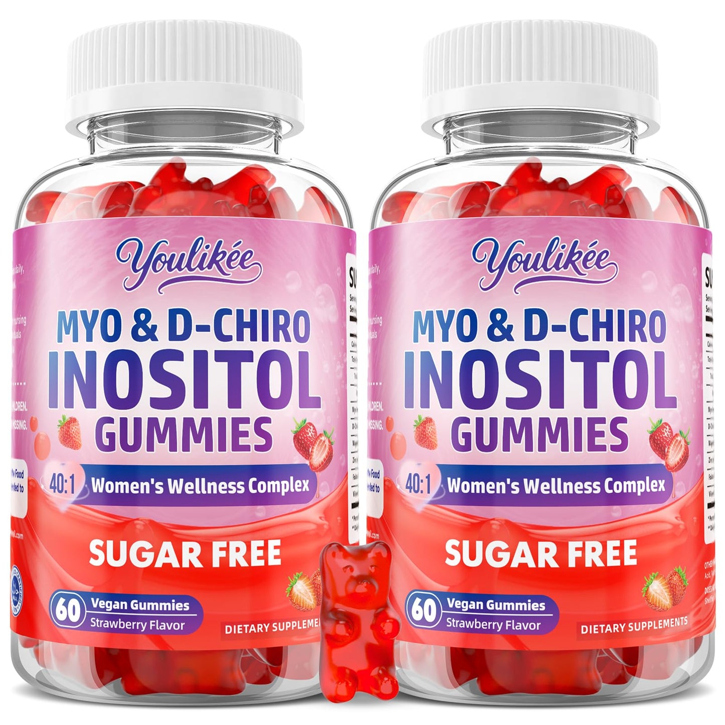 Myo-Inositol & D-Chiro Inositol Gummies for Women, Sugar-Free, 60 Count | Ideal 40:1 Ratio with Vitamin D3, Folate, Magnesium and Zinc - Support Female Health & Wellness, Strawberry Flavor