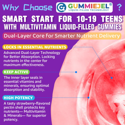 Nextdia Multivitamin Filled Gummies for Teen Boys Girls 12-17, 18, 19, Kids 10+ Multivitamin with Omega 3, Calcium + Magnesium + Zinc, Multi-Minerals for Adolescent 10-19S Brain, Bone, Energy, Immune