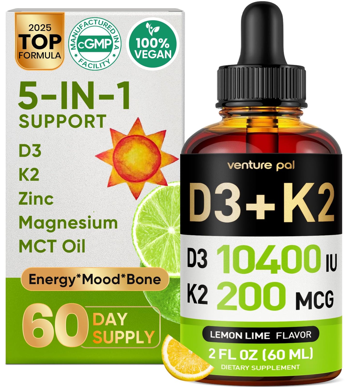 5-in-1 Vitamin D3 K2 Drops, Vitamin D3 10400 IU & K2(MK-7) 200mcg | With Magnesium, MCT Oil, Zinc, Maximum Absorption Vitamin D Liquid for Bone, Mood & Immune - Sugar Free | 2 FL OZ | 60 Days