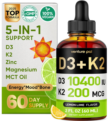 5-in-1 Vitamin D3 K2 Drops, Vitamin D3 10400 IU & K2(MK-7) 200mcg | With Magnesium, MCT Oil, Zinc, Maximum Absorption Vitamin D Liquid for Bone, Mood & Immune - Sugar Free | 2 FL OZ | 60 Days