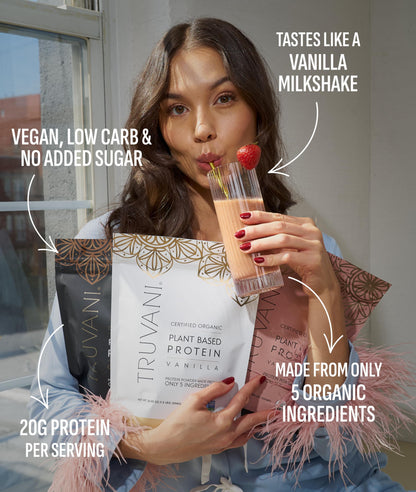 Truvani Organic Plant Based Protein Powder | Strawberry | 10 Servings | Vegan | 20g Pea Protein | Single Serving Travel Packets | Keto | Gluten & Dairy Free | Low Carb