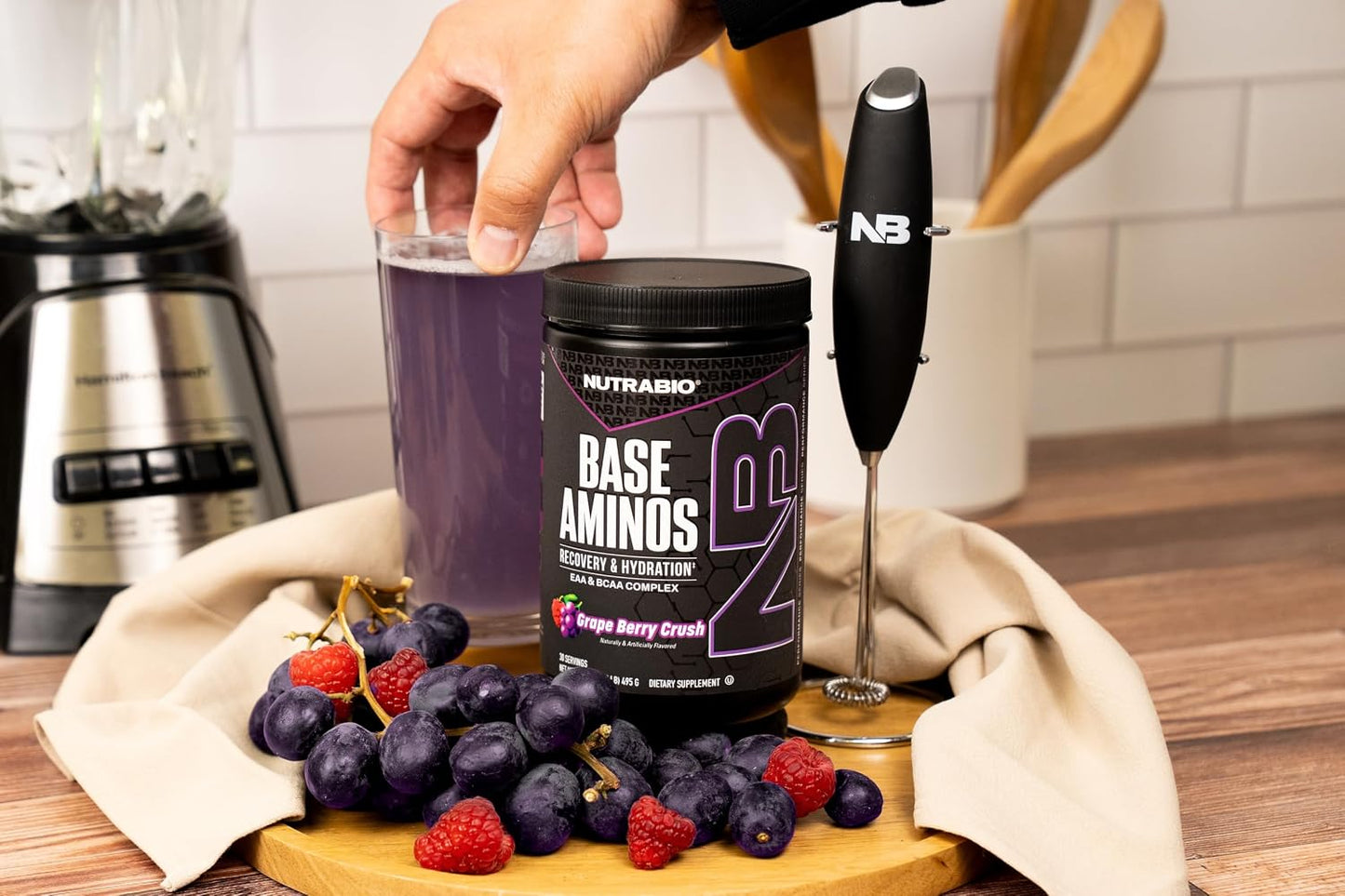 NutraBio Base Aminos EAA + BCAA Powder –10g Essential Amino Acids Supplement, 6g 2:1:1 BCAAs, 2.8g Hydration Matrix with Electrolytes & Absorption Enhancer AstraGin® – Grape Berry Crush
