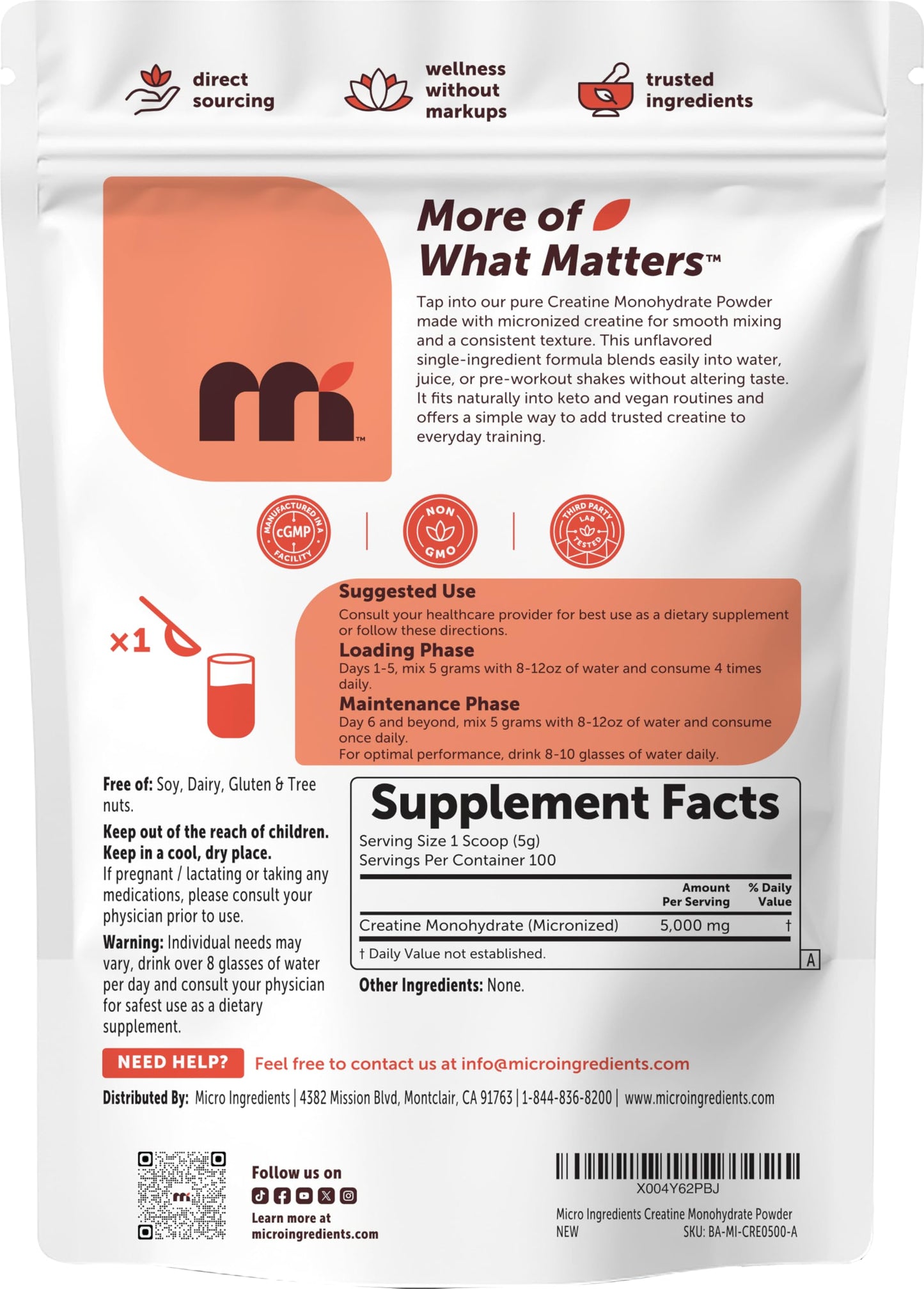 Micro Ingredients Creatine Monohydrate Powder 1 kg (2.2 Lbs), 5000mg Per Serv, Micronized Creatine Powder, Unflavored, No Filler, Keto & Vegan, Easy Dissolve, Pre Workout for Women & Men*