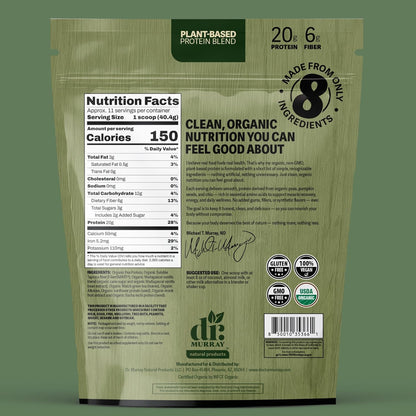 Dr. Murray's USDA Organic Plant Based Protein Powder | 20g Protein | 6g Fiber | Vegan & Keto | Gluten & Dairy Free | Low Carb | No Added Sugar | Matcha, 1 lb.
