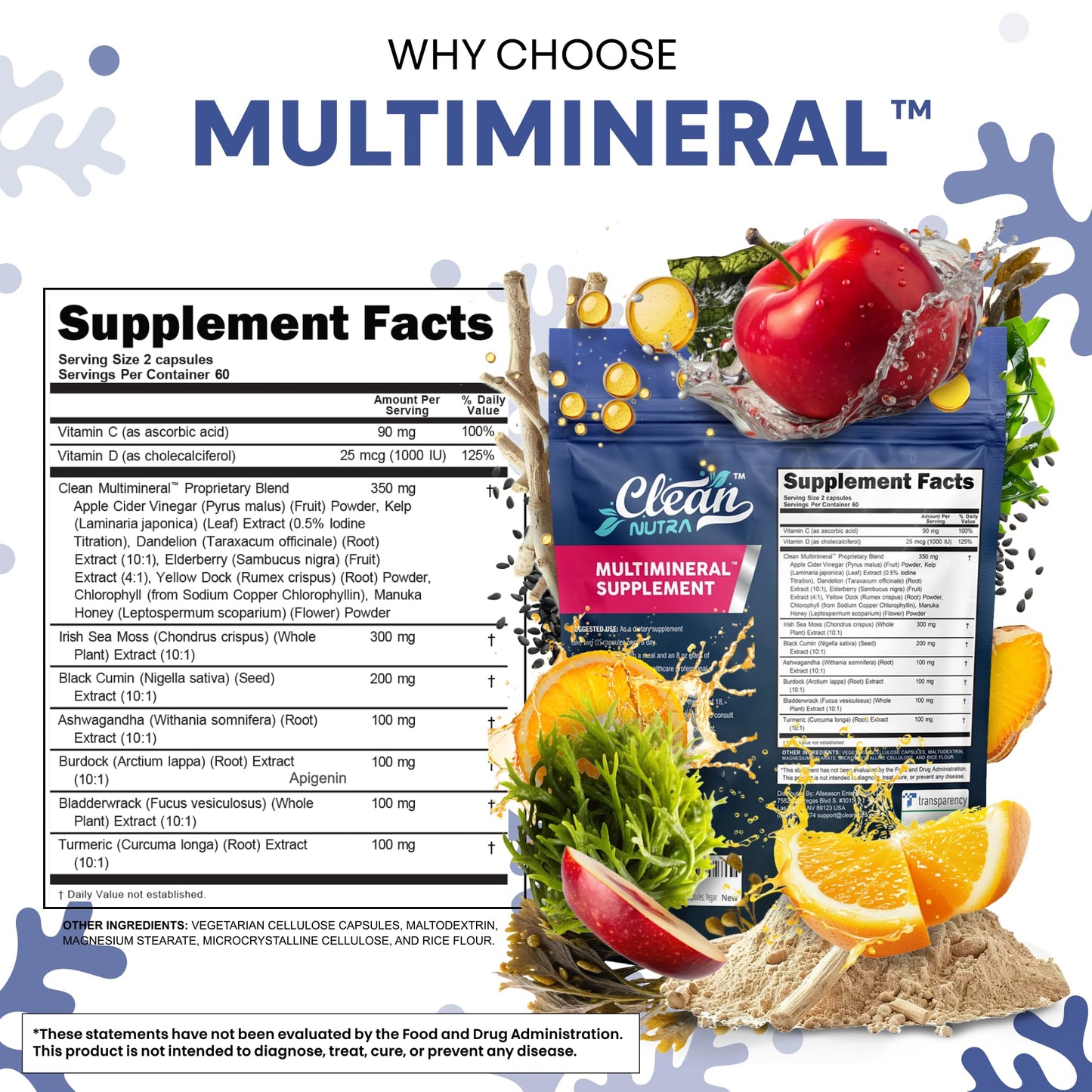 Clean Nutraceuticals Sea Moss Black Seed Oil Ashwagandha Turmeric Bladderwrack Burdock & Vitamin C Vitamin D3 with Elderberry Manuka Dandelion Yellow Dock Iodine Chlorophyll ACV