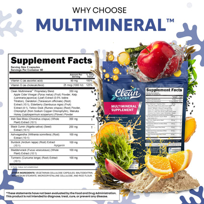 Clean Nutraceuticals Sea Moss Black Seed Oil Ashwagandha Turmeric Bladderwrack Burdock & Vitamin C Vitamin D3 with Elderberry Manuka Dandelion Yellow Dock Iodine Chlorophyll ACV