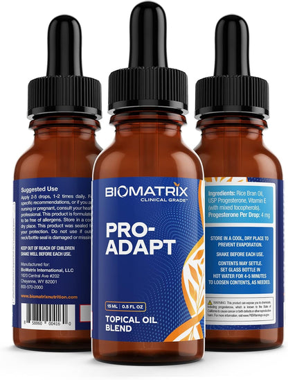 BioMatrix Progesterone, Vitamin E, Rice Bran Topical Oil | Bottle 1/2-Full by Design | Crafted in USA, 15 mL Glass | Pro-Adapt