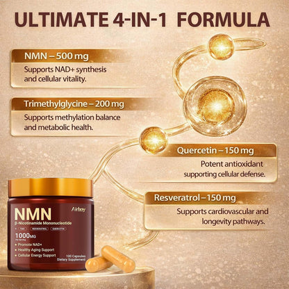 Airboy NMN Supplement 1000mg, 4-in-1 NAD+ Supplement with Nicotinamide Mononucleotide, Resveratrol, TMG, Quercetin, NMNH Alternative, Energy, Focus- 100 Count