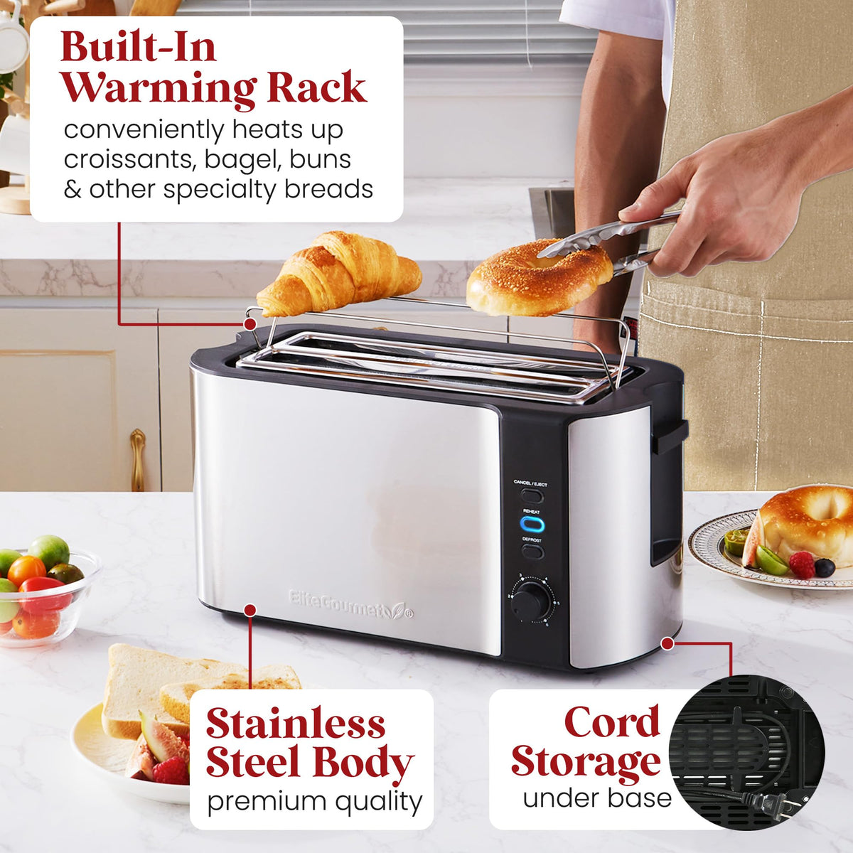 Elite Gourmet ECT-3100 Long Slot 4 Slice Toaster, Reheat, 6 Toast Settings, Defrost