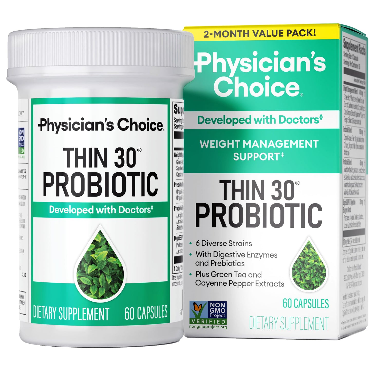 Physician's CHOICE Probiotics for Weight Management & Bloating, 30ct | 6 Probiotic Strains, Prebiotics, Cayenne, & Green Tea for Gut Health, Bloating Relief, & Weight Management for Women & Men