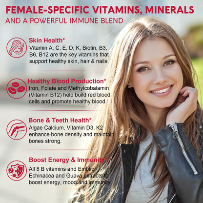 Methylated Multivitamin for Women Gummies, Calcium, D3 K2, Methylfolate & B12, Inositol, Daily Vitamin A C E, B Complex, Biotin, Zinc, Iron -Energy, Immune, Bone, Skin, Hair, Sugar Free, 60Cts
