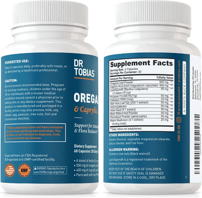 Dr. Tobias Oregano & Caprylic Acid Blend 60 Capsules | Oregano Capsules | Gut Flora Balance Complex & Intestinal Support | Oregano + Caprylic Acid | Probiotics + Enzymes | 30 Servings
