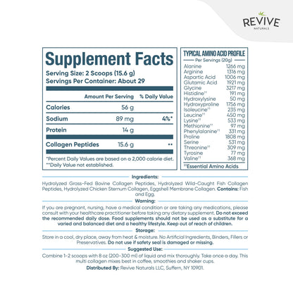 Revive Naturals Multi Collagen Hydrolyzed Protein Powder (16oz) - Types I, II, III, V & X