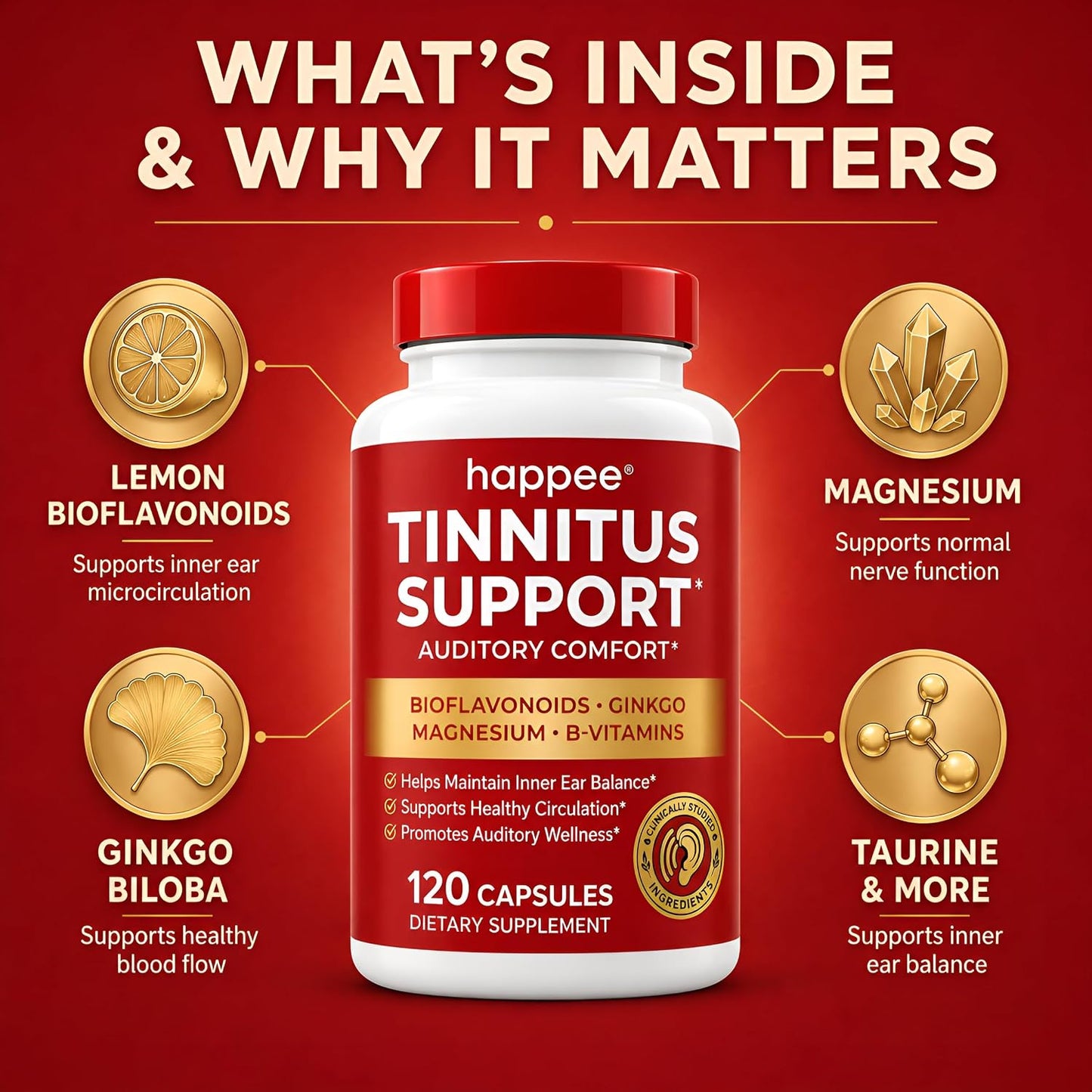 Happee Tinnitus Supplement for Ringing Ears, Bioflavonoids & Ginkgo, 120ct | Flavonoids Plus Essential Nutrient, Daily Support for Inner Ear Health & Microcirculation, NO Dyes, Clean Label