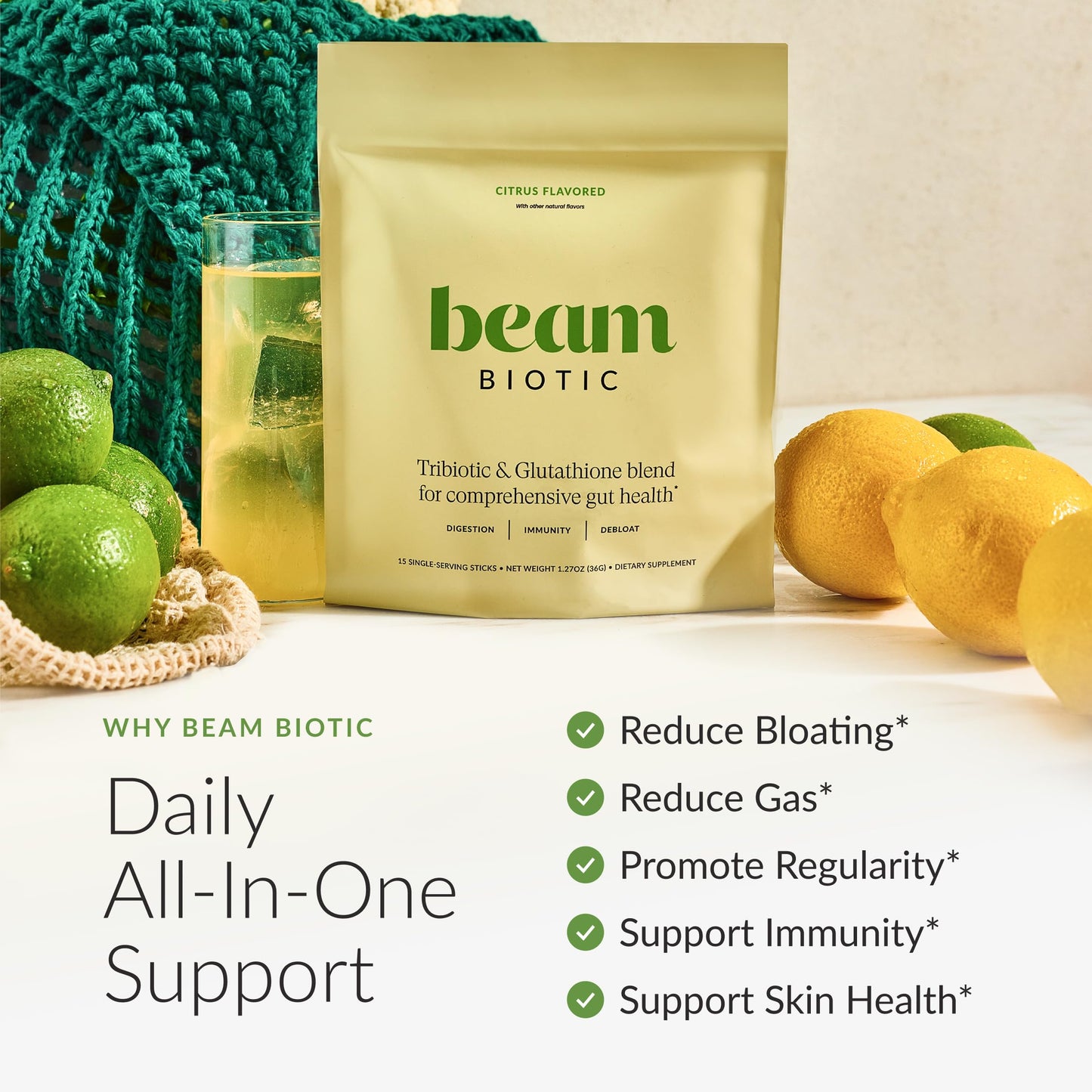 BEAM Biotic Probiotics for Women & Men – Gut Health for Women & Men, Digestive Health with Pre, Pro & Postbiotics + Glutathione, Daily Probiotic Drink for Bloating Relief, Blue Raspberry, 15 Servings