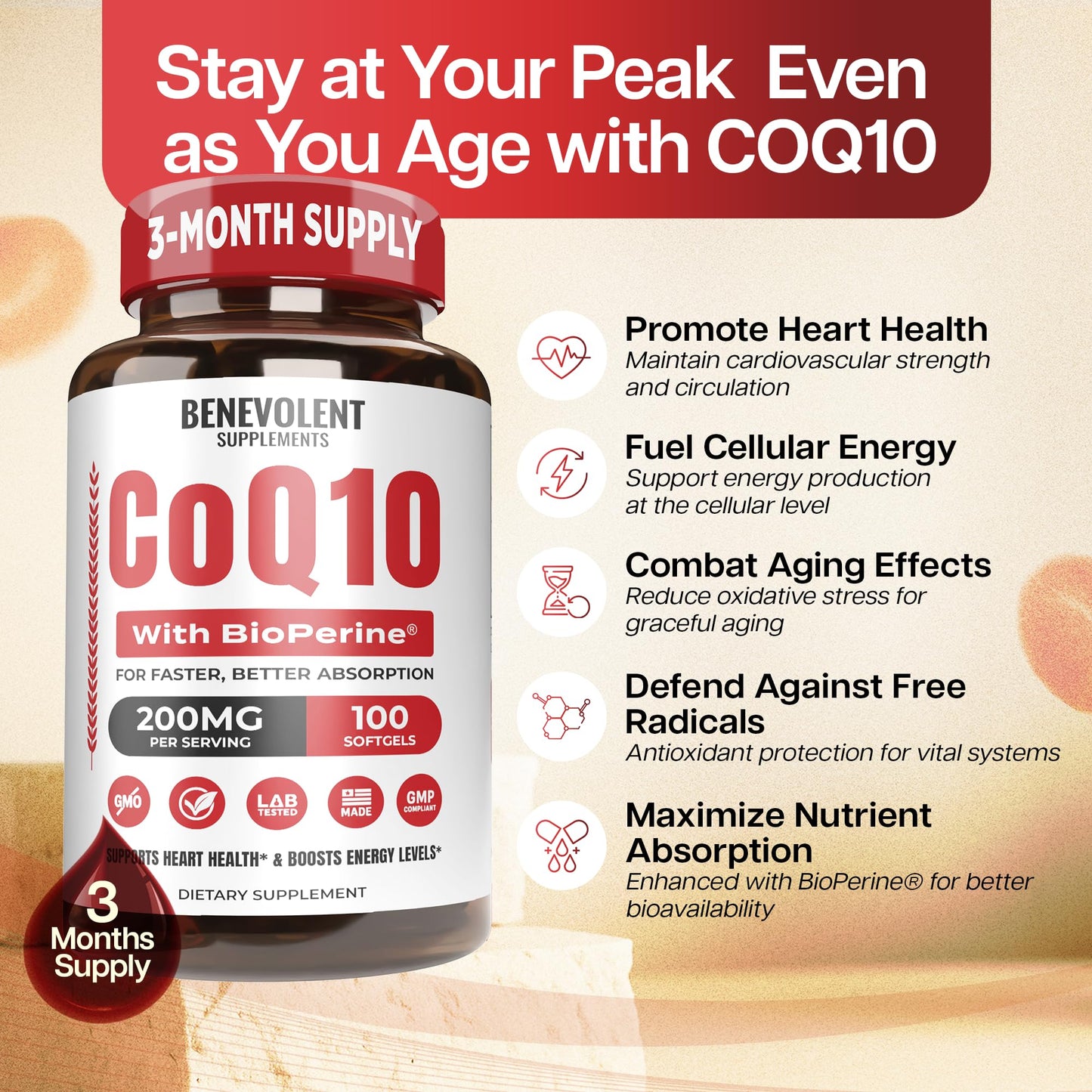 Benevolent Pure CoQ10 200mg Softgels with BioPerine® for Max Absorption, Ubiquinone Coenzyme Q10 Supplement for Heart Health, Energy Production, Healthy Aging & Antioxidant Support, 100 Softgels
