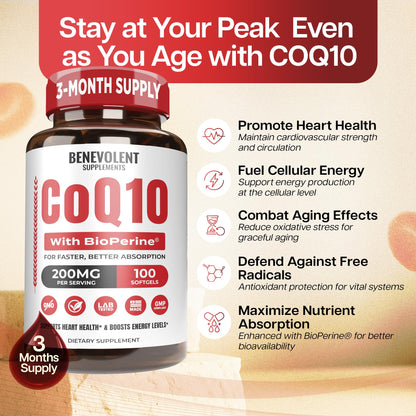 Benevolent Pure CoQ10 200mg Softgels with BioPerine® for Max Absorption, Ubiquinone Coenzyme Q10 Supplement for Heart Health, Energy Production, Healthy Aging & Antioxidant Support, 100 Softgels