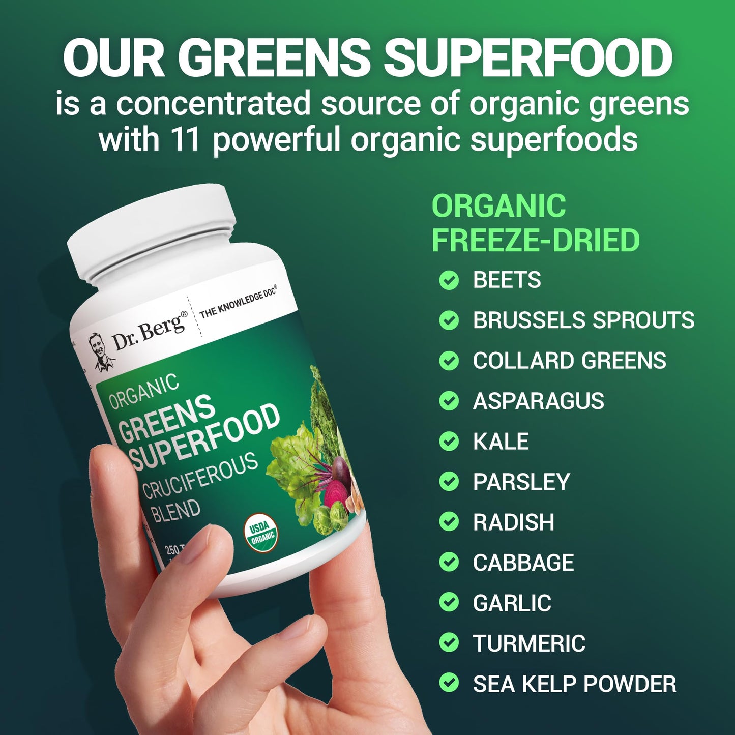 Dr. Berg's Greens Superfood Cruciferous Vegetable Tablets - Vegetable Supplements for Adults w/ 11 Phytonutrient Super Greens - Energy, Immune System & Liver Veggie Tablets - 90 Tablet